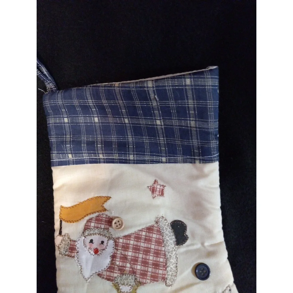 2 Handmade Christmas stocking Quilted Patchwork Buttons Blue 15
